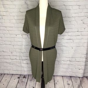 Alfani Pressed Olive Long Open Front Short Sleeve Belted Cardigan Medium NWT